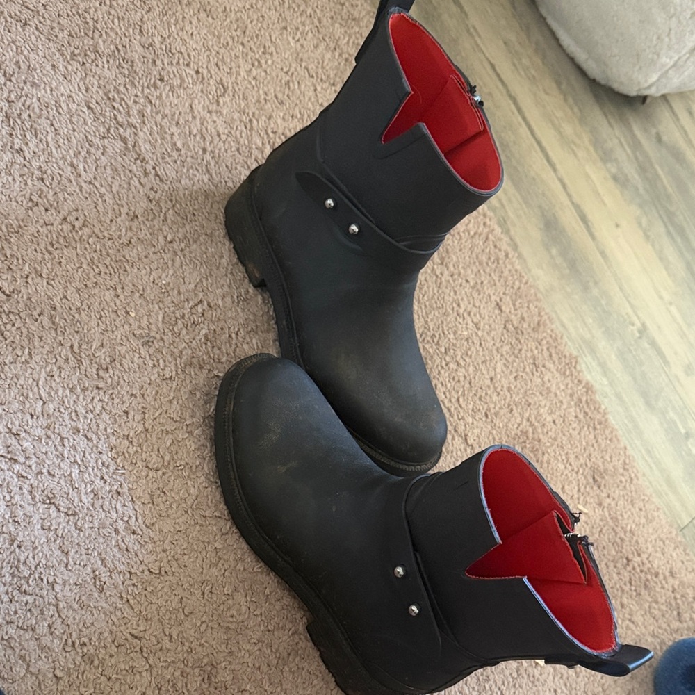 rag & bone Black Leather Winter Rain Boots with Red Lining